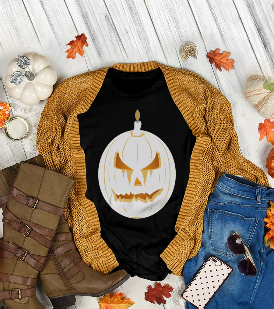 Painted Pumpkin Jack-O'-Lantern Shadow Candle Face T-Shirt