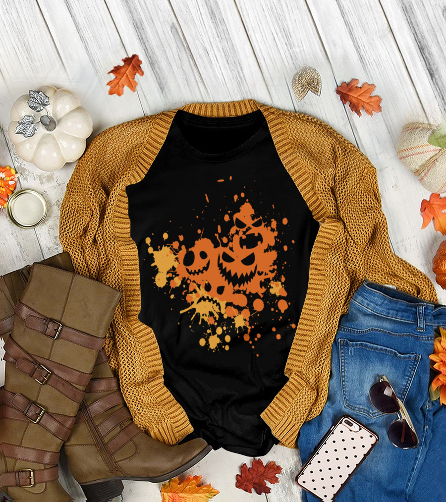 Halloween Pumpkin Faces Splatter T-Shirt