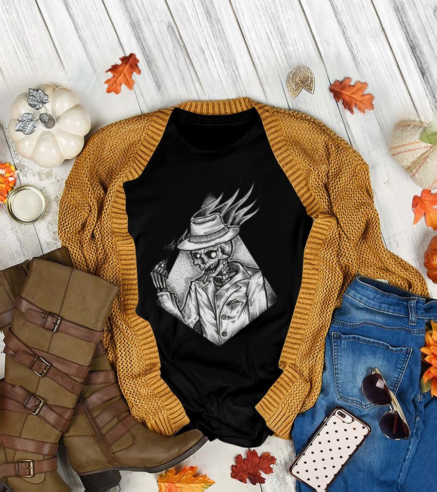 Retro Skeleton Smoking Fedora Gangster T-Shirt