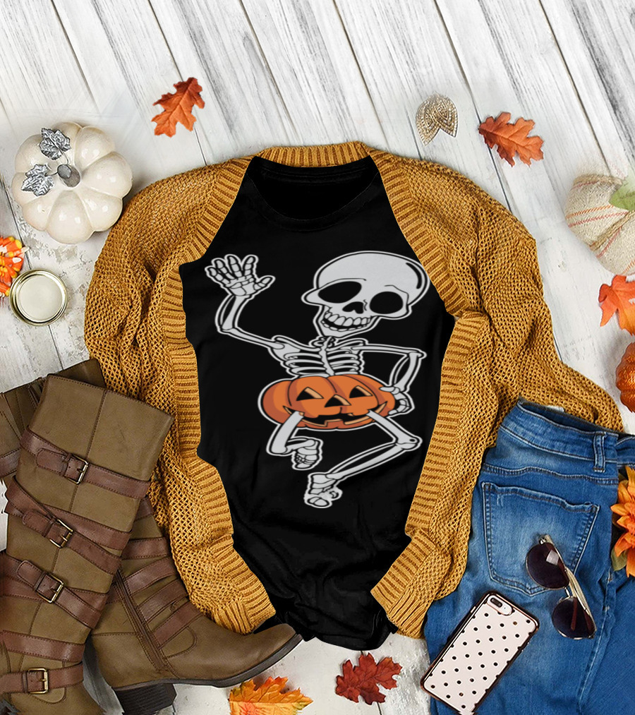 Happy Dancing Skeleton with Jack-o'-Lantern Pumpkin T-Shirt