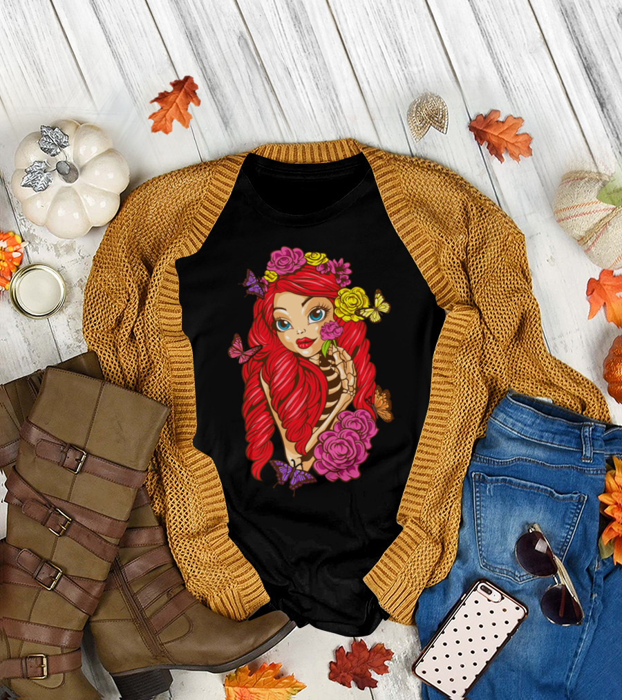 Halloween Skeleton Butterfly Girl Calavera Catrina Rose Bouquet T-Shirt