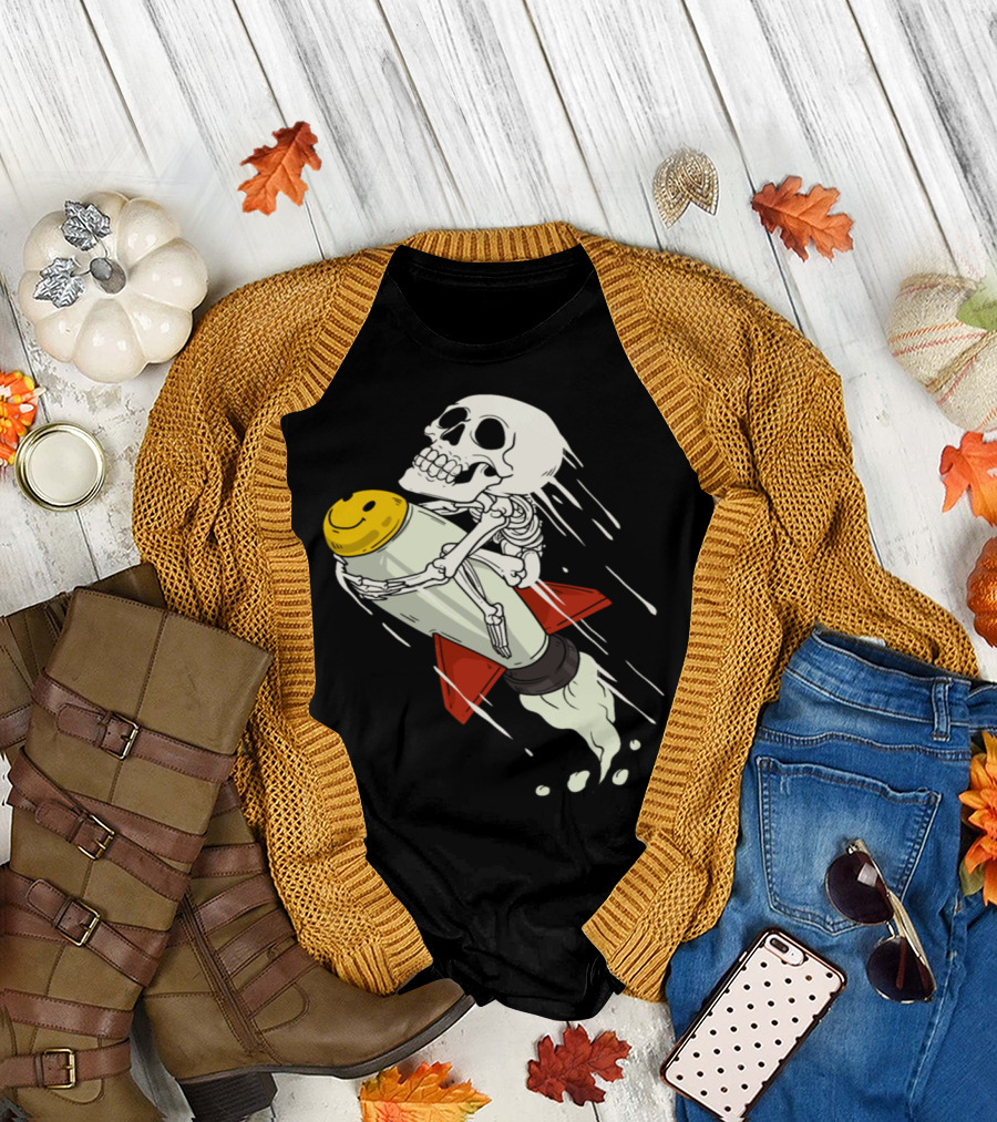 Skeleton Riding Smiley Rocket in Space T-Shirt