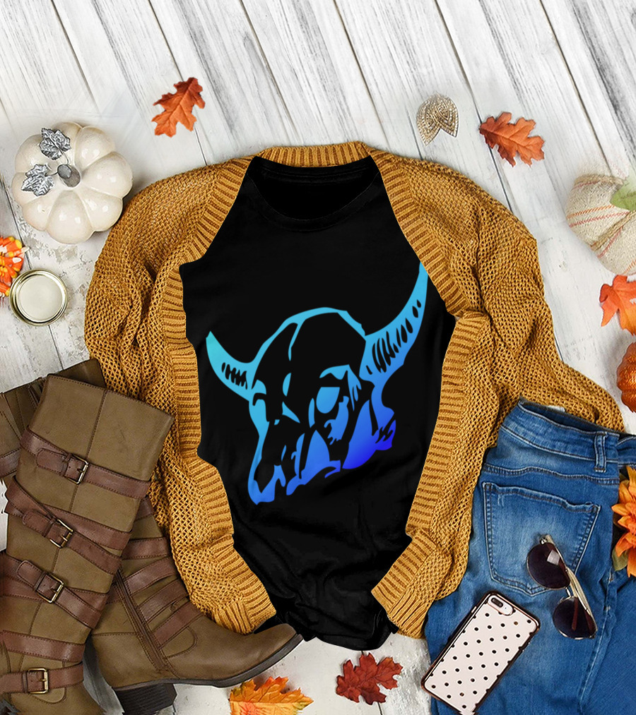 Skeleton Bull Horse Skull Horns Blue Gradient T-Shirt