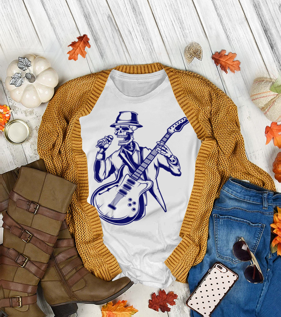 Rock n Roll Skeleton Guitarist with Microphone and Fedora T-Shirt