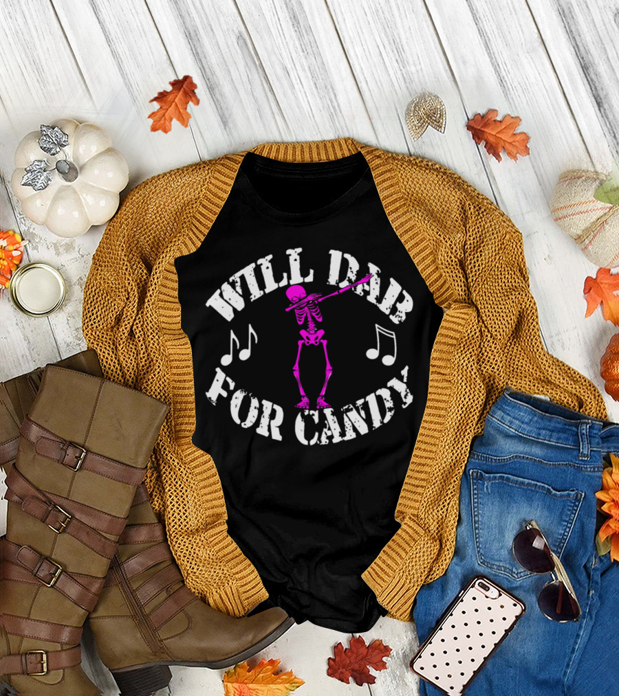 Will Dab For Candy Pink Skeleton Halloween Music Notes T-Shirt