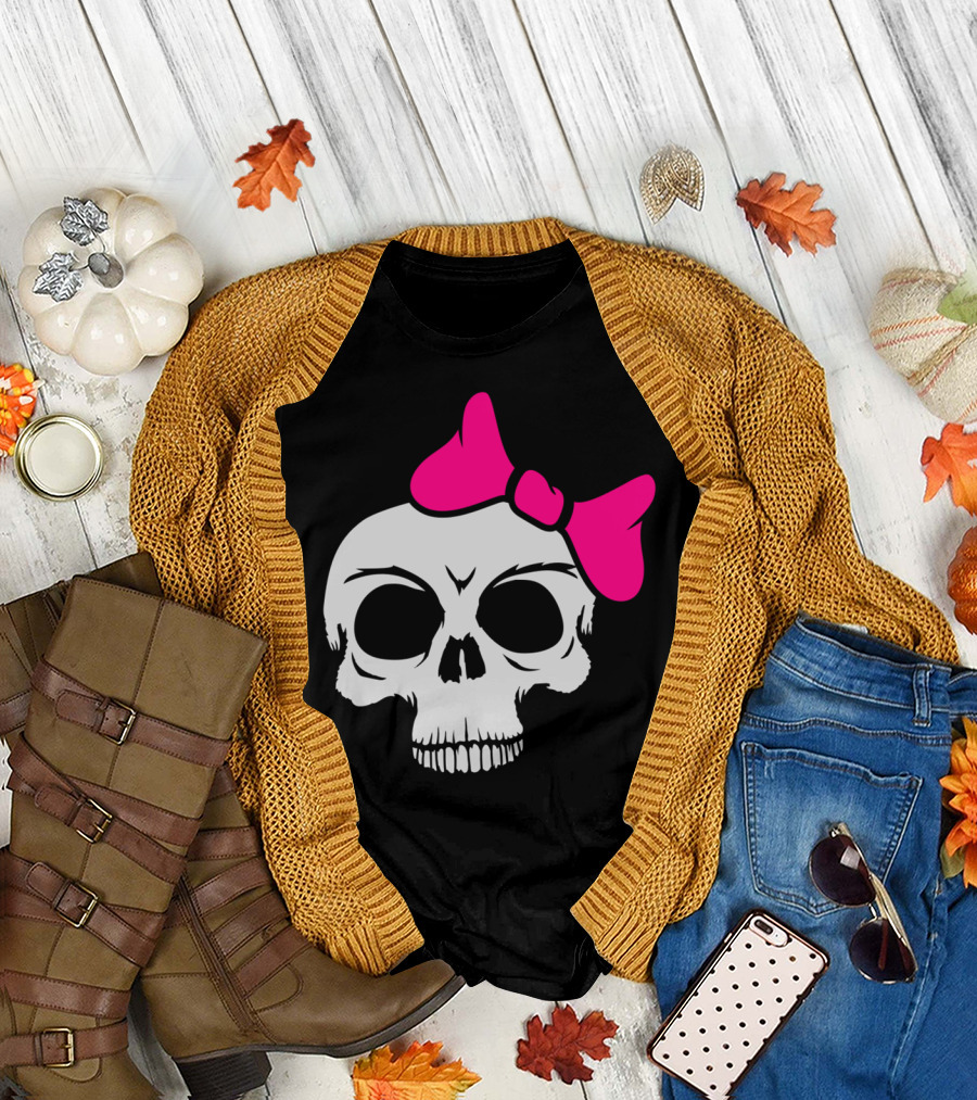 Skeleton Skull Pink Bow Fun Girls Evil Bath Dangerous T-Shirt