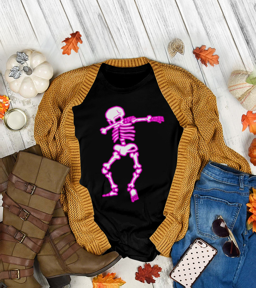 Dabbing Pink Glow Skeleton Funny Halloween Dab Pun T-Shirt
