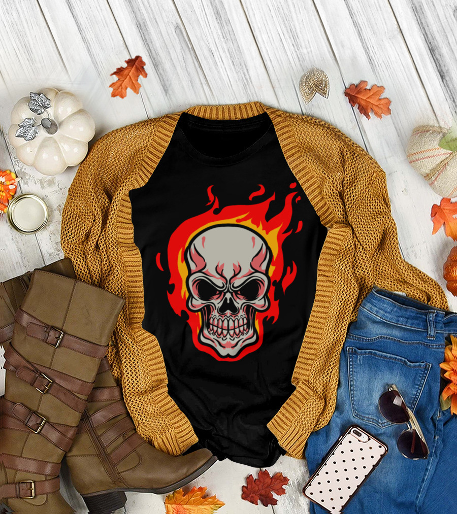 Skull Fire Human Skeleton Teeth Bones Flames T-Shirt