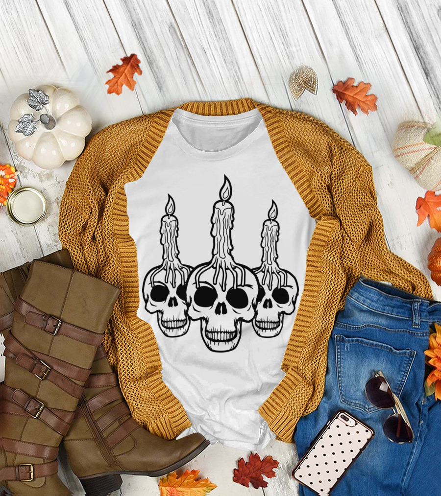 Creepy Horror Candle Skull Heads Triple Skeleton Skulls T-Shirt