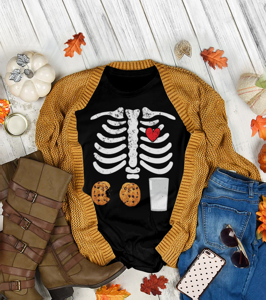 Cookies Skeleton Milk Red Heart Mom Kids Mama T-Shirt