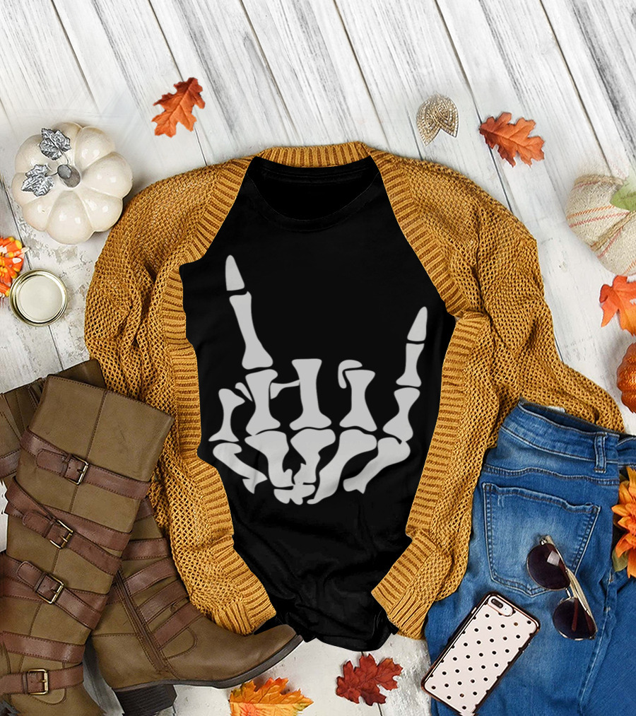 Rock Heavy Metal Skeleton Hand Gesture T-Shirt