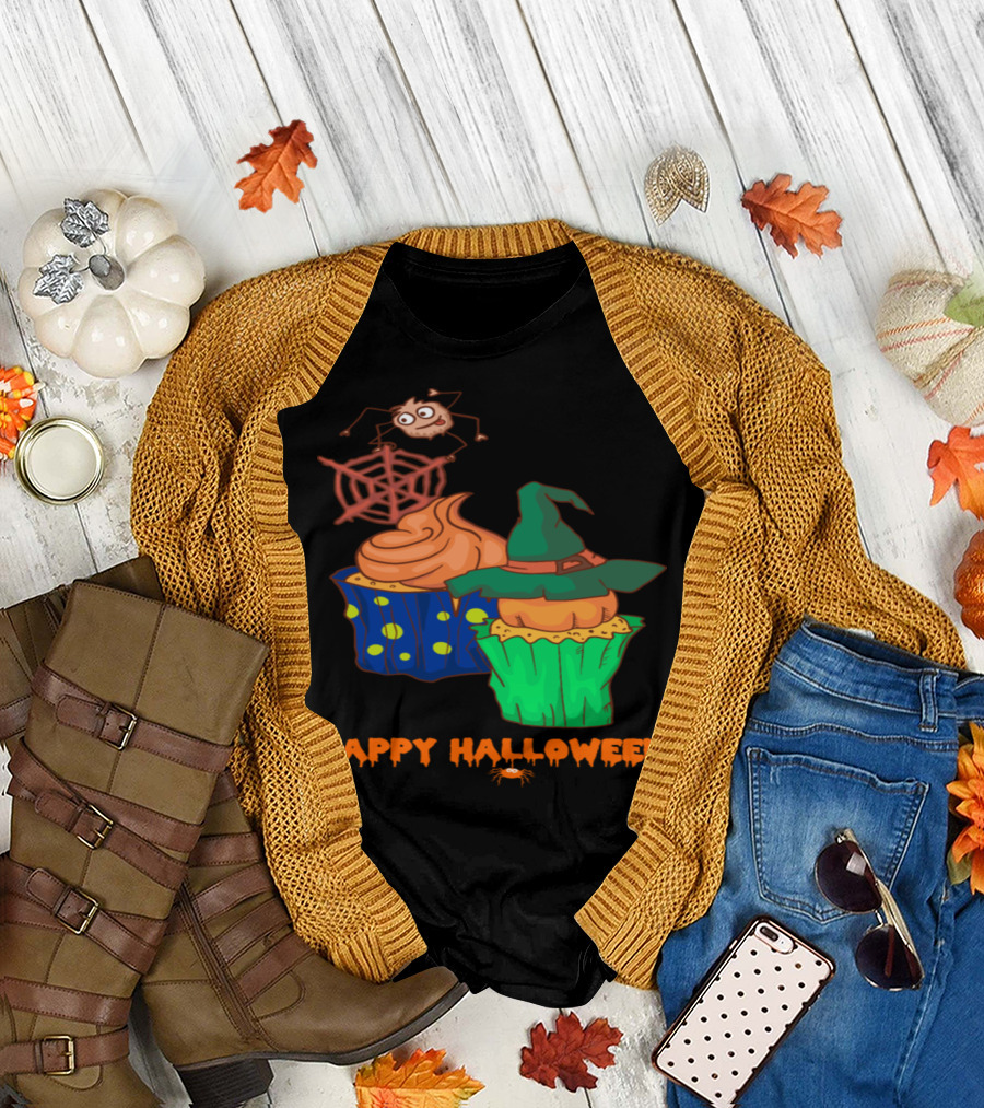 Happy Halloween Horror Muffins with Witch Hat and Spider Web Cupcakes T-Shirt