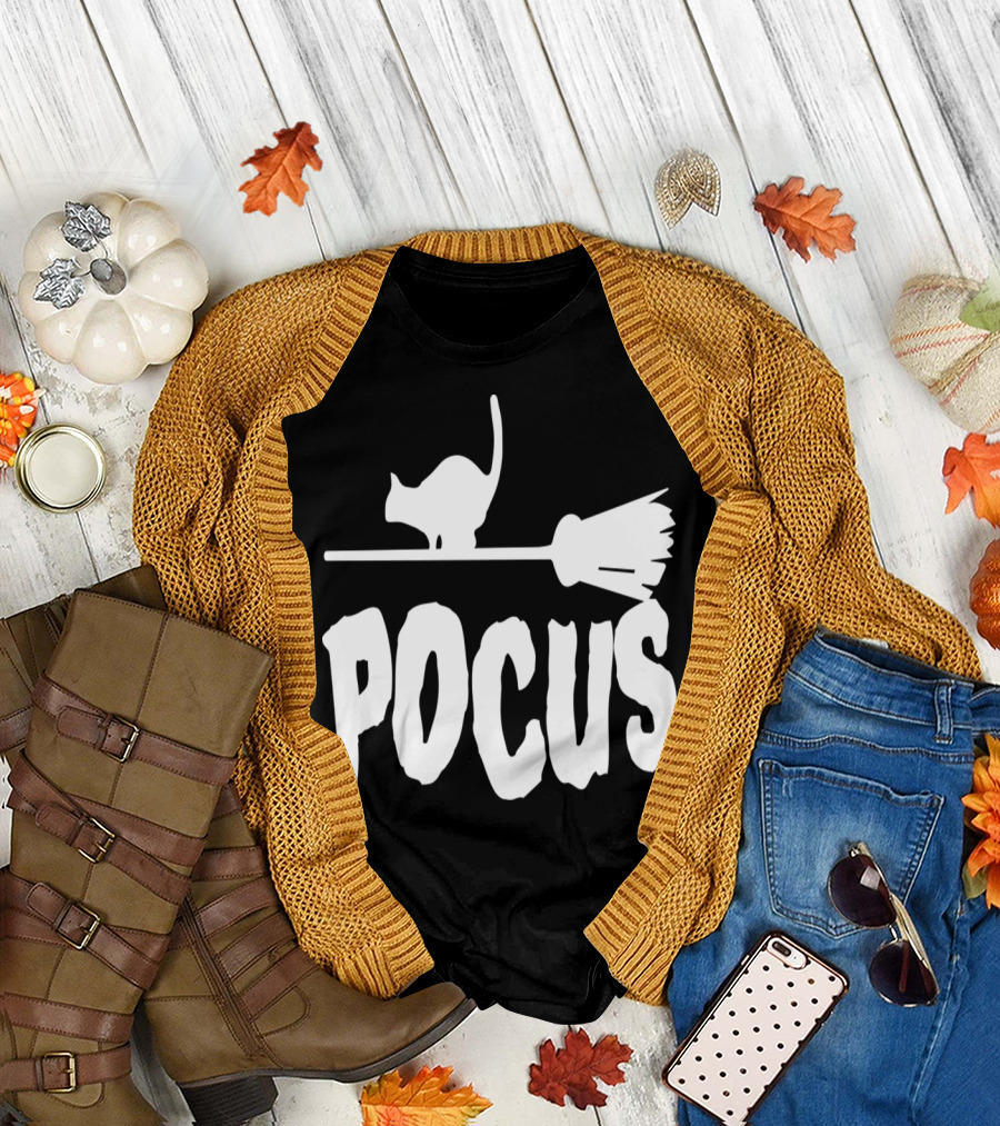 Pocus Black Cat on Broomstick T-Shirt