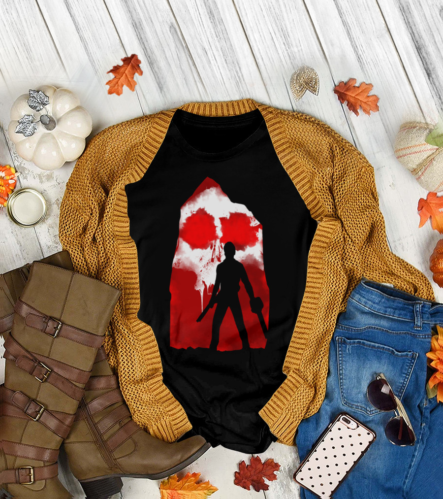 Ash and Skull Warrior Silhouette Red and White Skull Scene T-Shirt