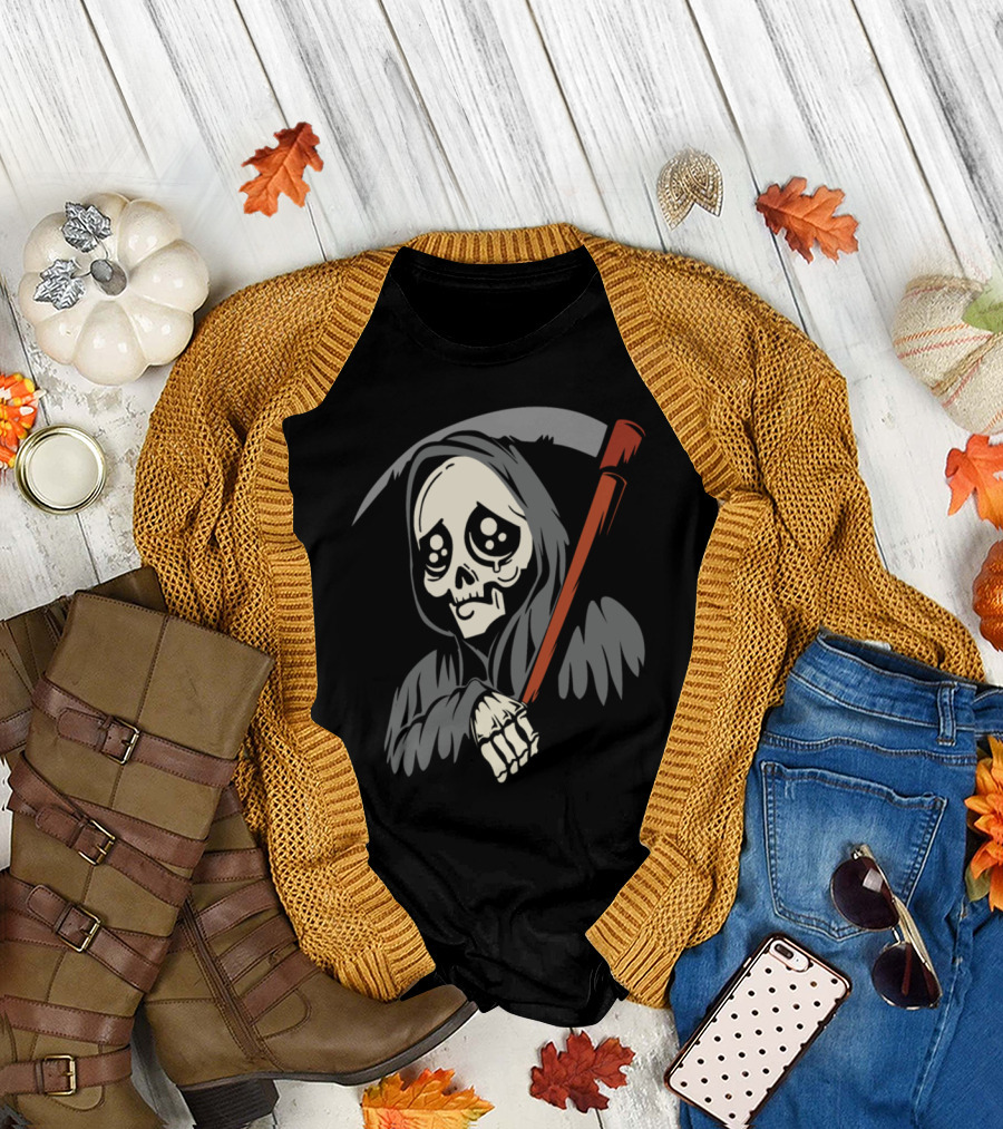Grim Reaper Cute Sad Eyes with Scythe T-Shirt