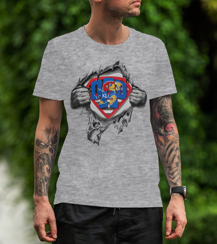 Superdad Kansas Jayhawks Ku Logo Torn Superhero Chest T-Shirt