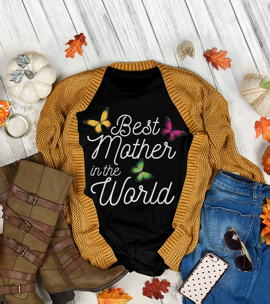 Best Mother in the World with Yellow Pink Green Butterflies T-Shirt