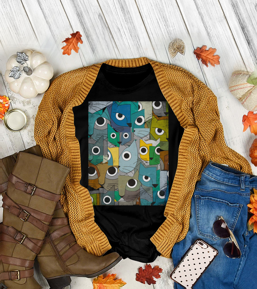 Cubicats Remix Abstract Geometric Cat Faces Pattern Multicolor T-Shirt