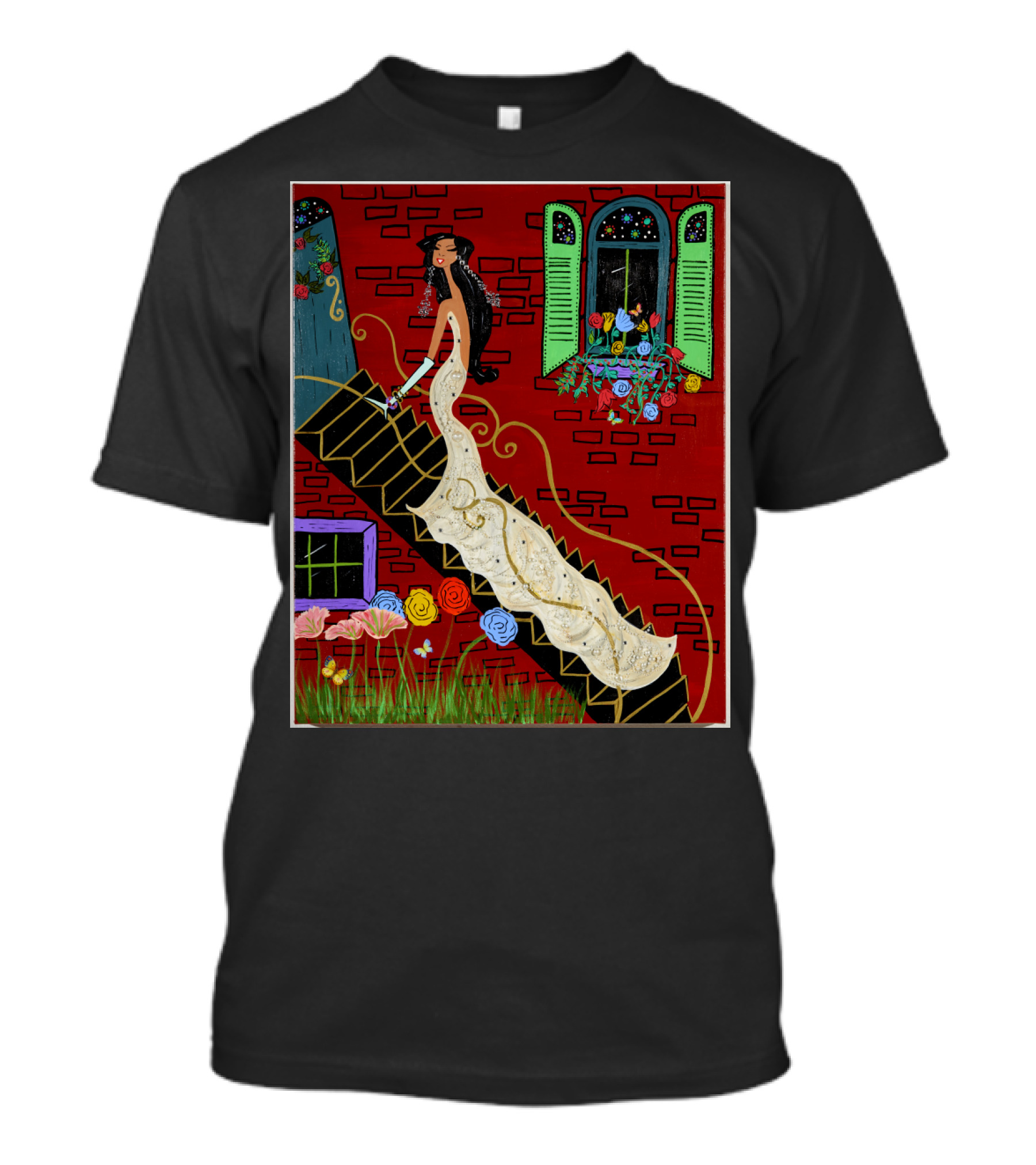 Elegant Evening In Paris: Woman In White Gown Ascending Staircase Amidst Vibrant Flowers And Red Brick Building T-Shirt