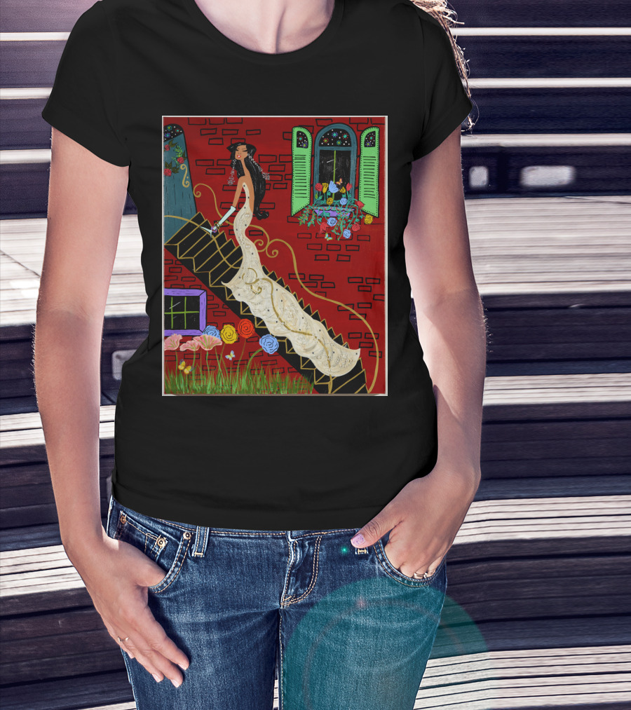 Elegant Evening In Paris: Woman In White Gown Ascending Staircase Amidst Vibrant Flowers And Red Brick Building T-Shirt