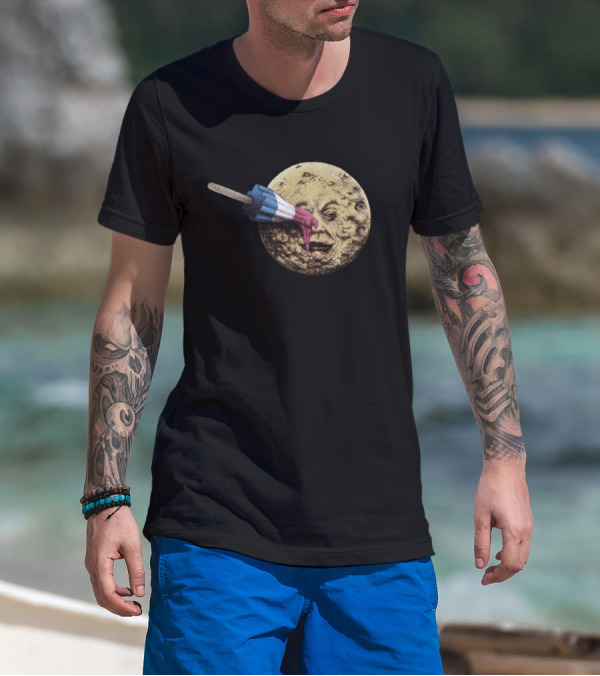 Le Voyage Du Popsicle Tricolor Rocket Popsicle Piercing Moon Face T-Shirt