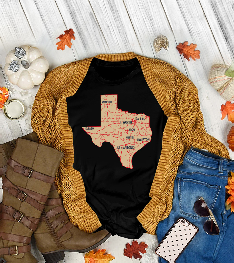 Texas Map Amarillo El Paso Dallas Houston Austin San Antonio Ft. Worth Waco T-Shirt