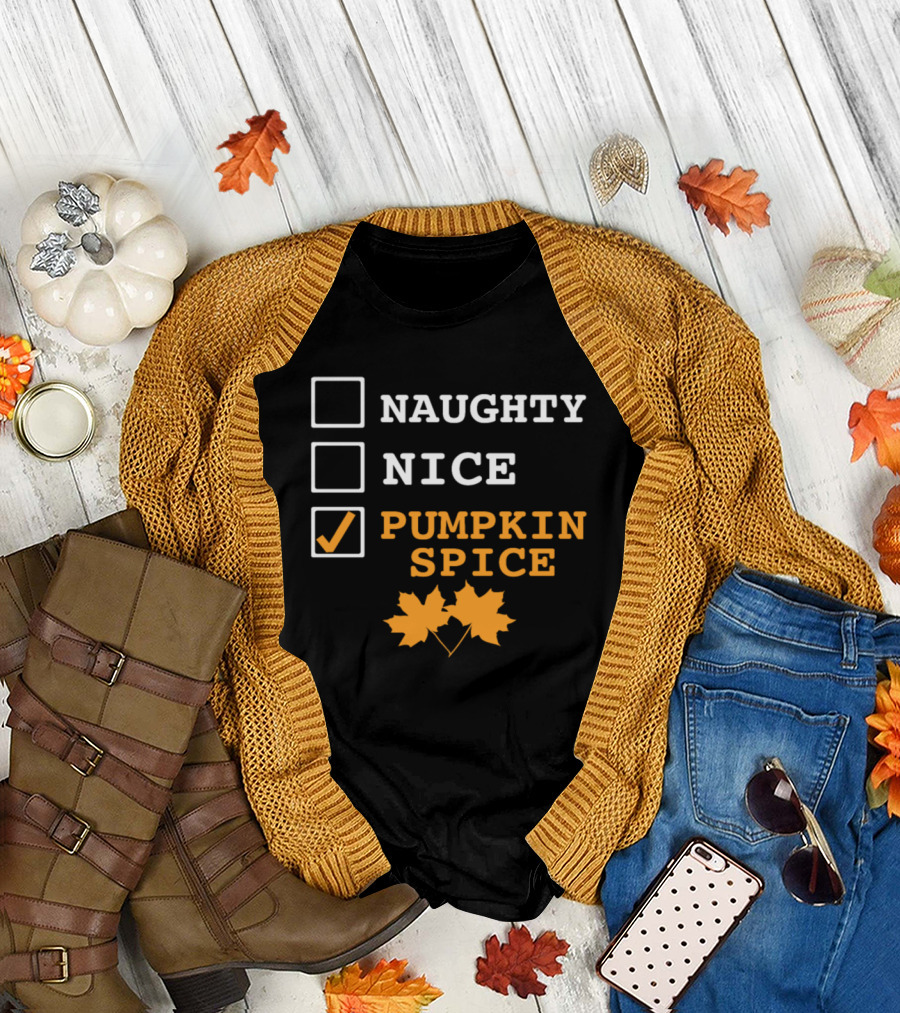 Naughty Nice Pumpkin Spice Checkboxes with Autumn Leaves T-Shirt