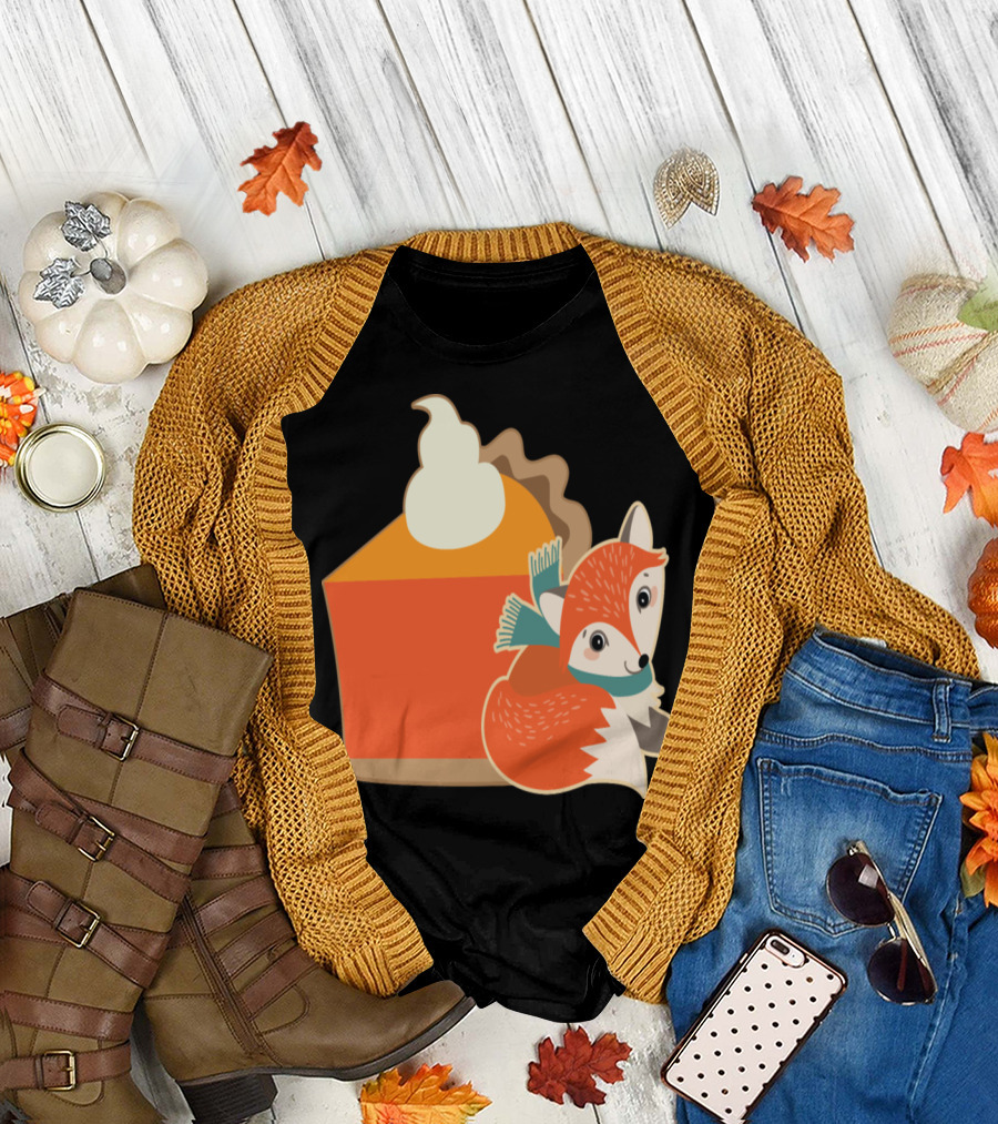 Thanksgiving Pumpkin Pie with Whipped Cream Fox and Scarf T-Shirt