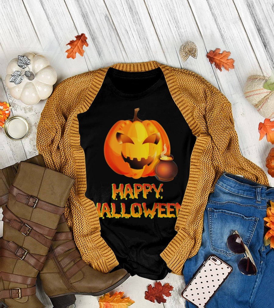 Happy Halloween Cartoon Pumpkin with Cauldron Porridge T-Shirt