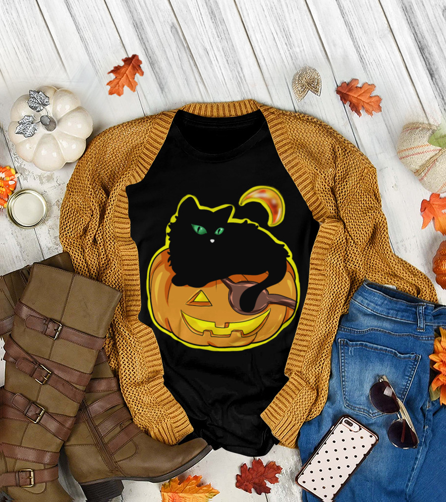 Black Cat on Jack-O'-Lantern with Crescent Moon - Halloween Pumpkin T-Shirt