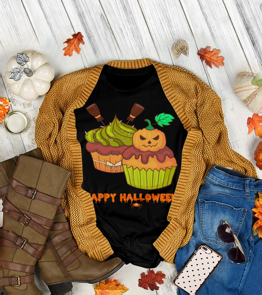Happy Halloween Horror Cupcakes with Pumpkin and Spider T-Shirt