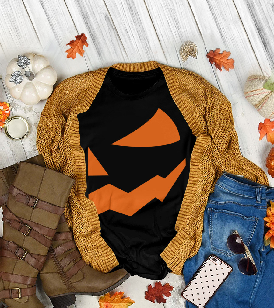 Pumpkin Slice Geometric Black Orange Minimalist Halloween Face T-Shirt