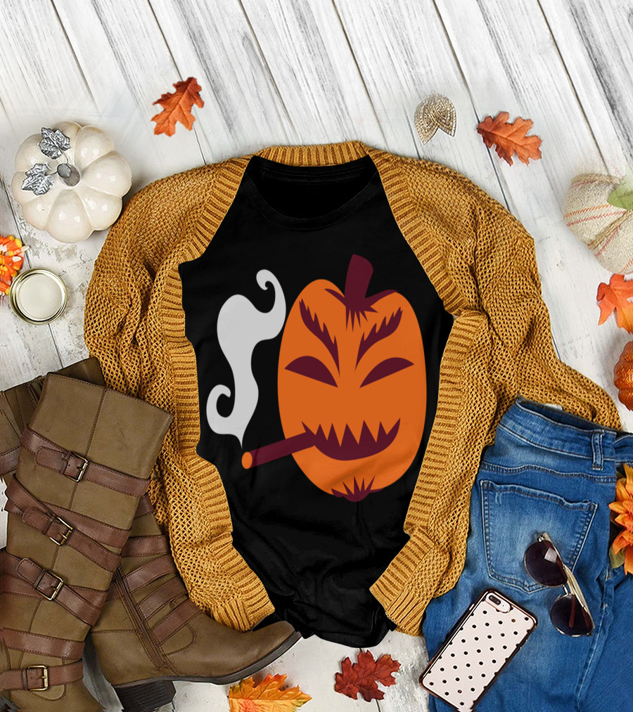 Halloween Pumpkin Smoking a Cigarette Strange T-Shirt