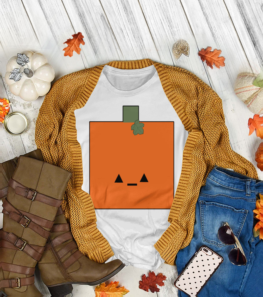 Kawaii Pumpkin Square Face With Leaf T-Shirt