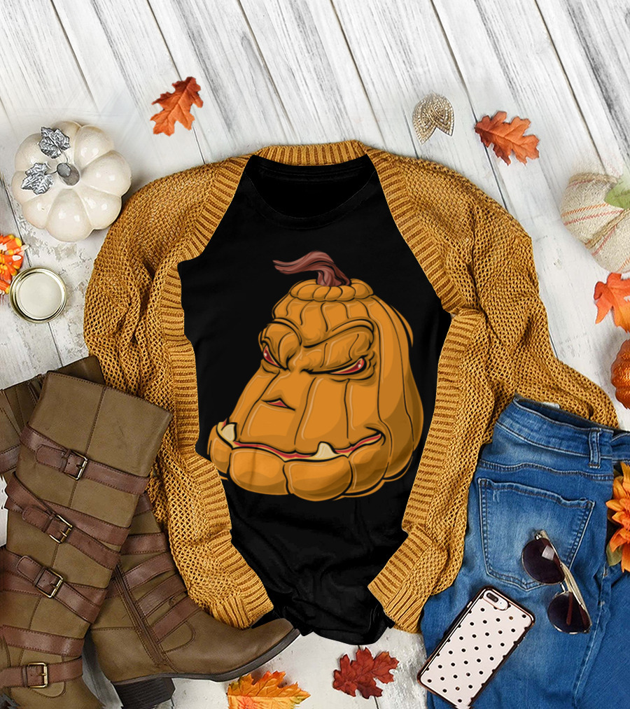 Angry Pumpkin Scowl with Fierce Eyes and Grinning Teeth T-Shirt