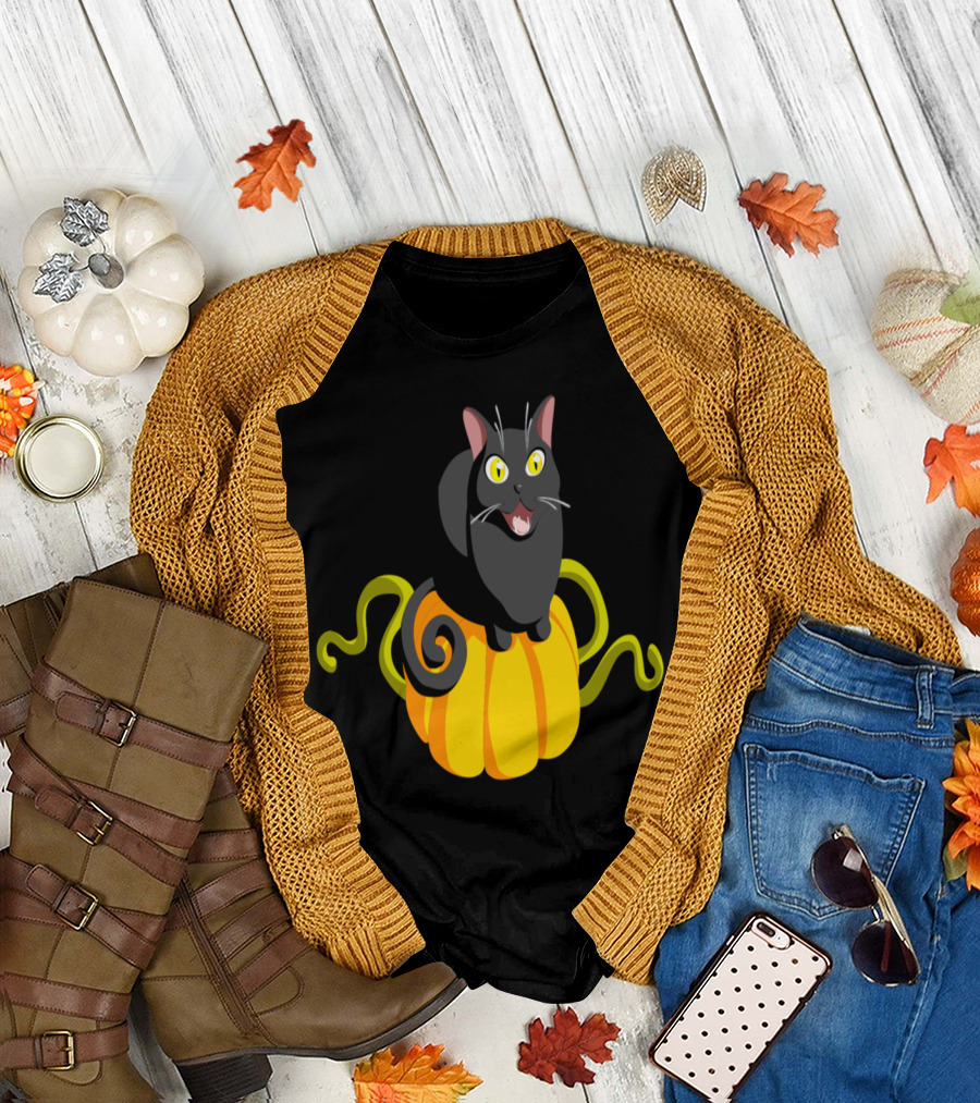 Playful Black Cat on Golden Pumpkin with Green Vines T-Shirt