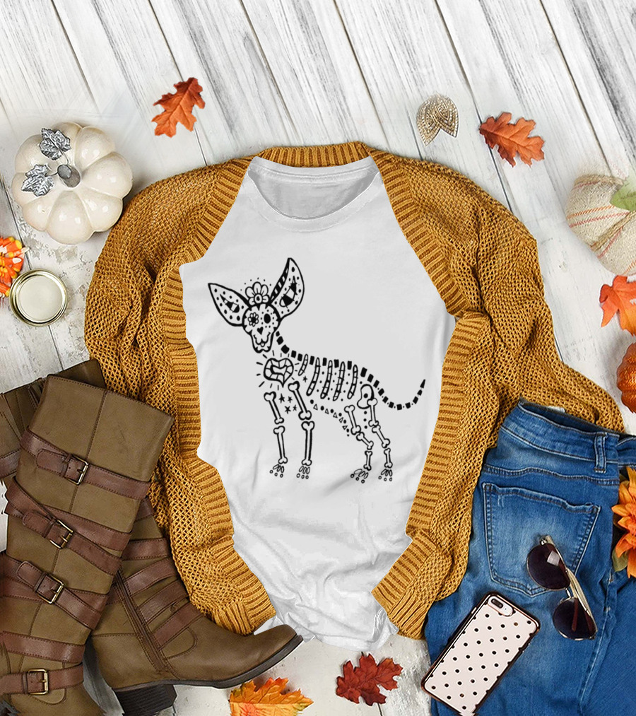 Day of the Dead Chihuahua Skeleton with Floral and Bone Motif T-Shirt