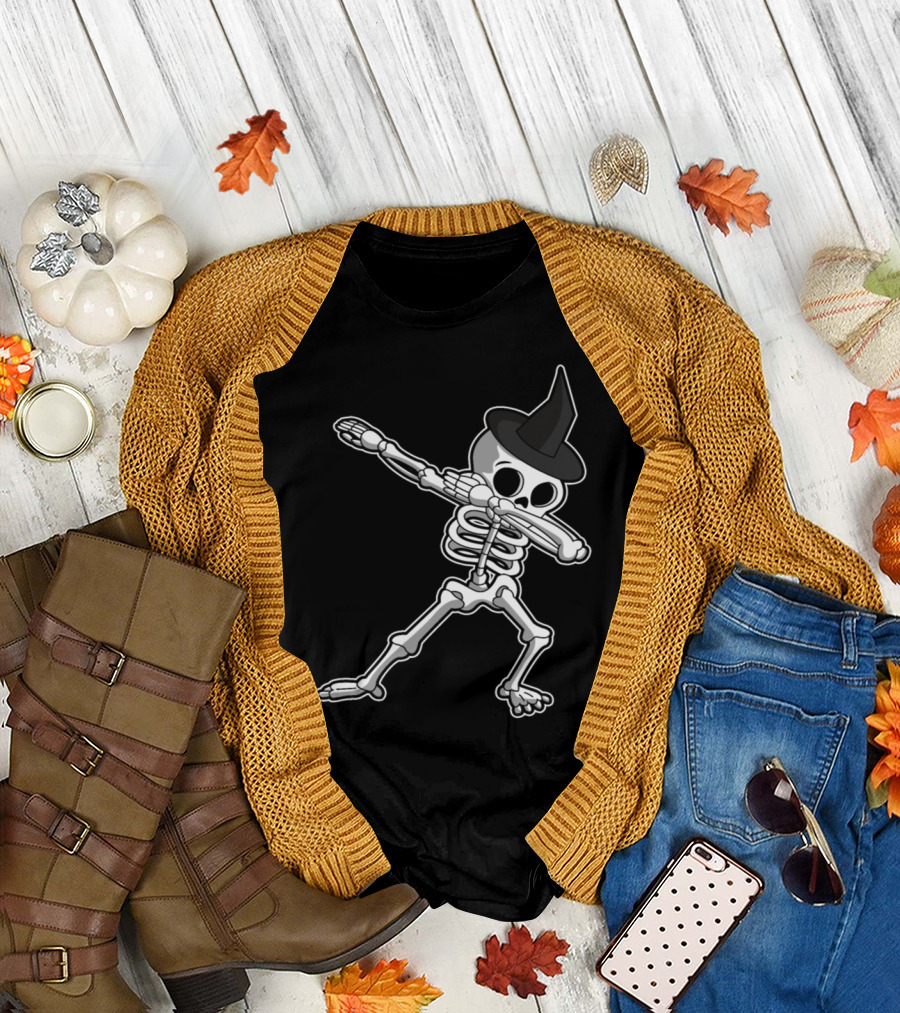 Halloween Skeleton Dabbing Witch Hat T-Shirt