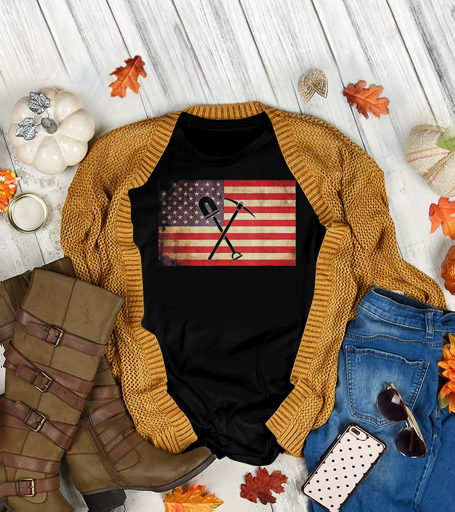 American Flag Patriotic Coal Mine Shovel and Pickaxe T-Shirt