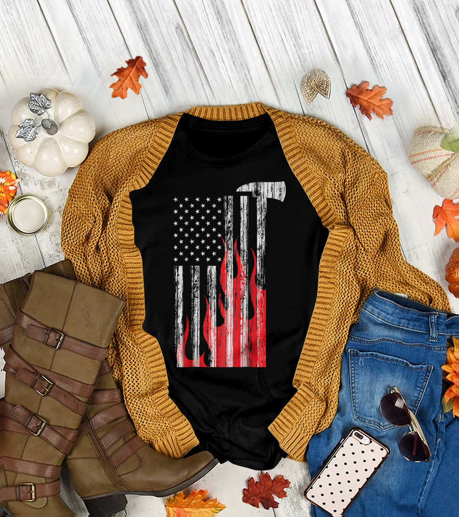American Flag Axe with Flames T-Shirt
