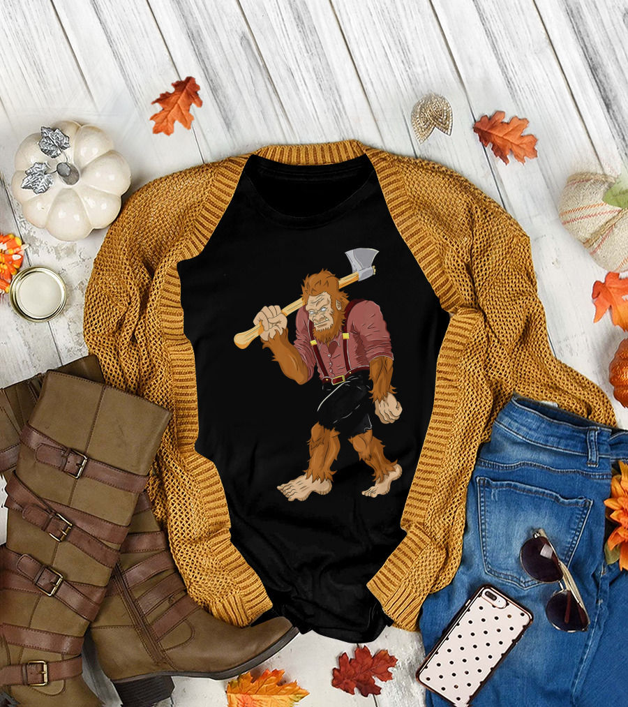 Bigfoot Lumberjack Sasquatch Carpenter Axe Red Suspenders T-Shirt