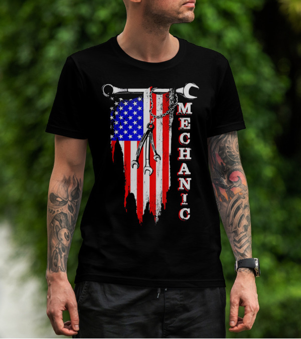 American Flag Wrench Mechanic Patriotic Tools Humor T-Shirt