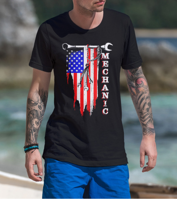 American Flag Wrench Mechanic Patriotic Tools Humor T-Shirt