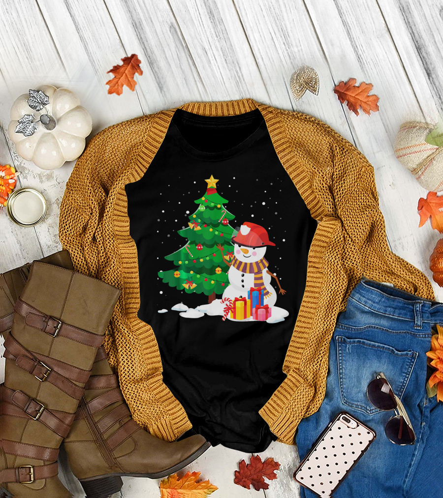Christmas Snowman with Firefighter Hat by Christmas Tree with Gifts T-Shirt