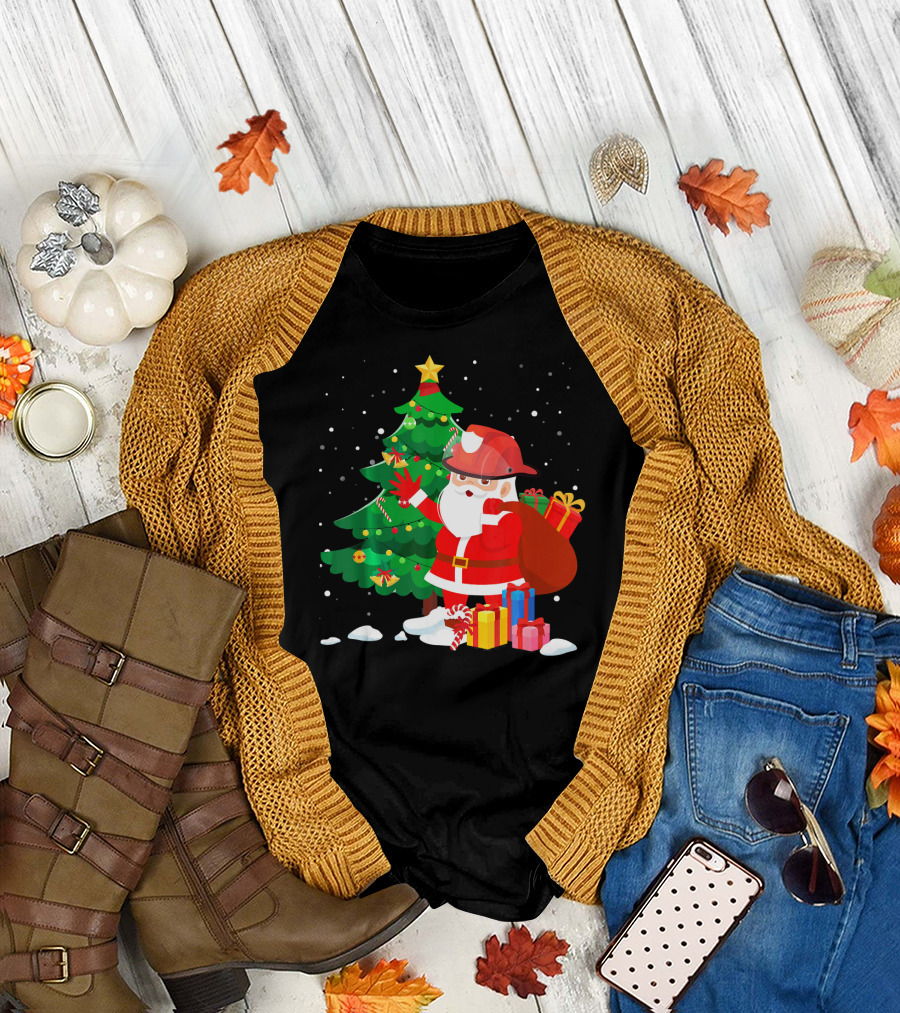 Christmas Firefighter Santa with Gifts by Christmas Tree T-Shirt