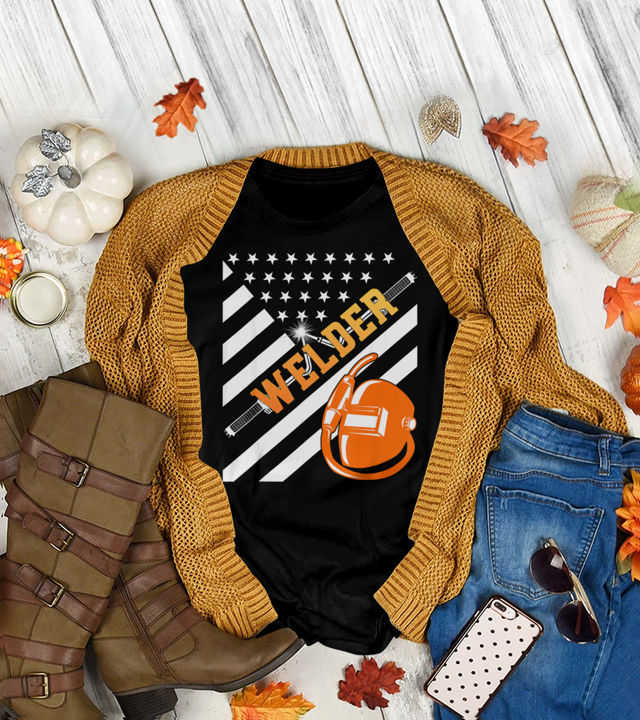 Welder USA Flag with Welding Helmet and Torch T-Shirt
