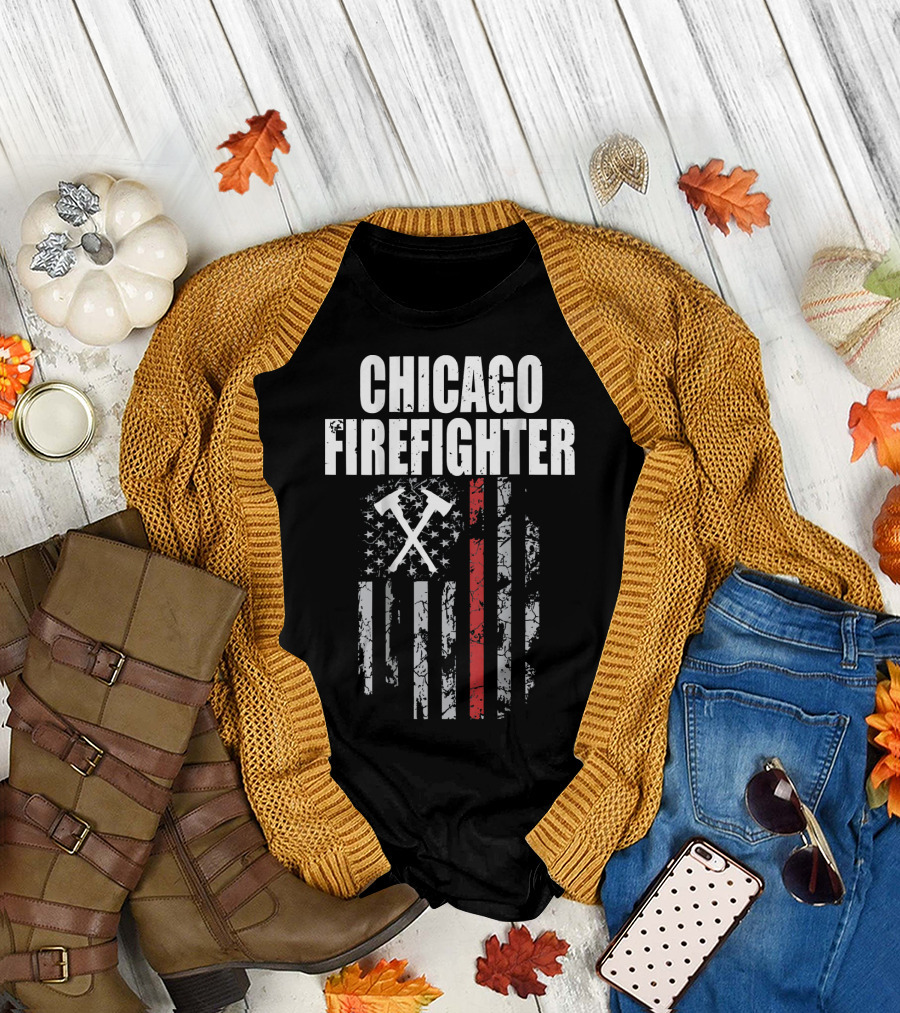 Chicago Firefighter Flag with Crossed Axes and Thin Red Line T-Shirt