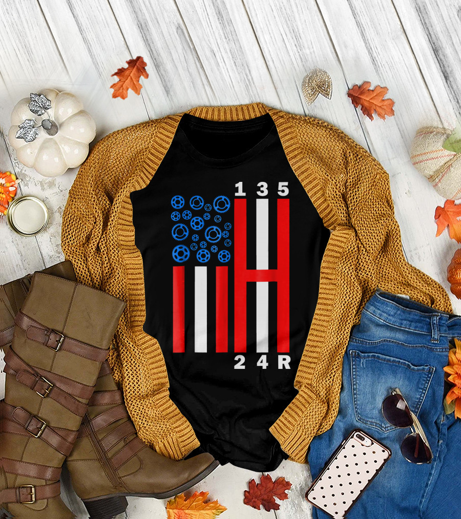 American Flag Stick Shift Manual Car Mechanics Gear Shifter Patriotic T-Shirt