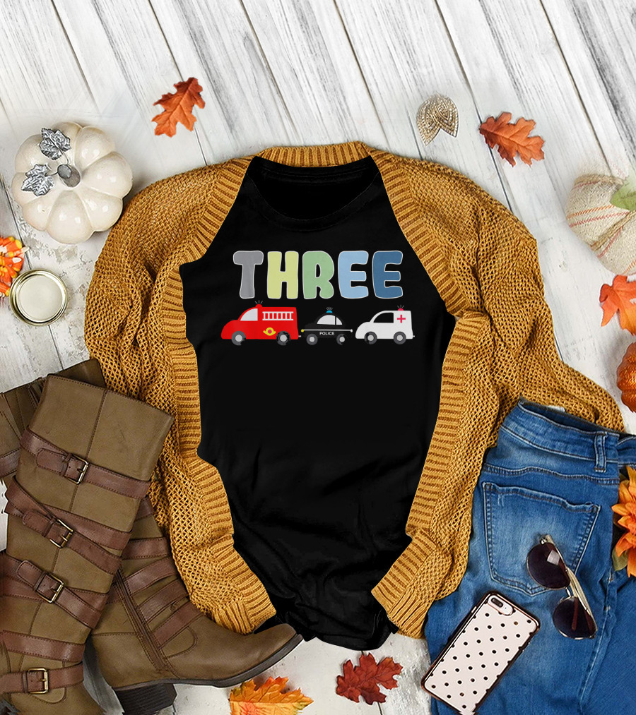 THREE 3rd Birthday Party Fire Truck Police Ambulance Emergency Vehicles T-Shirt