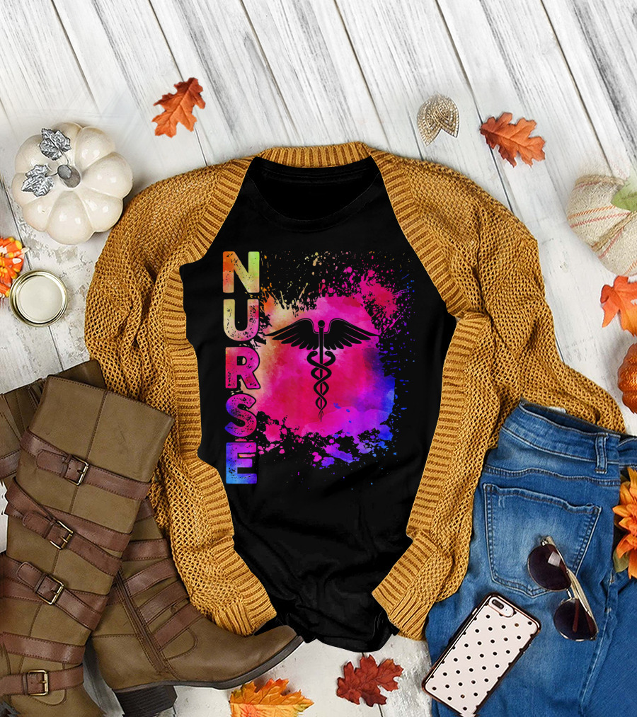 Colorful Nurse Caduceus Watercolor Explosion T-Shirt